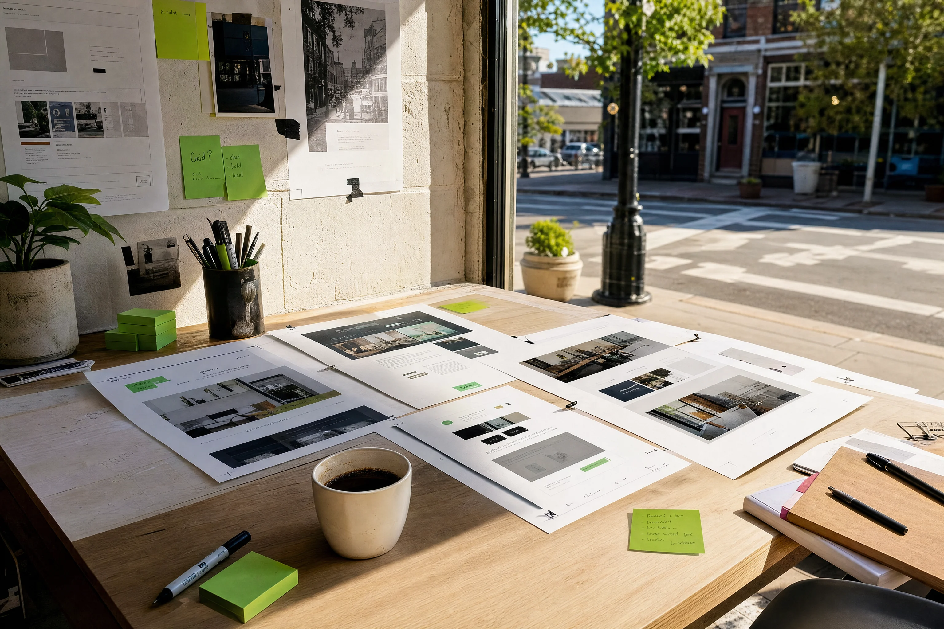 Sunlit studio desk with printed website proofs, crop marks, sticky notes, and electric-green paper blocks.