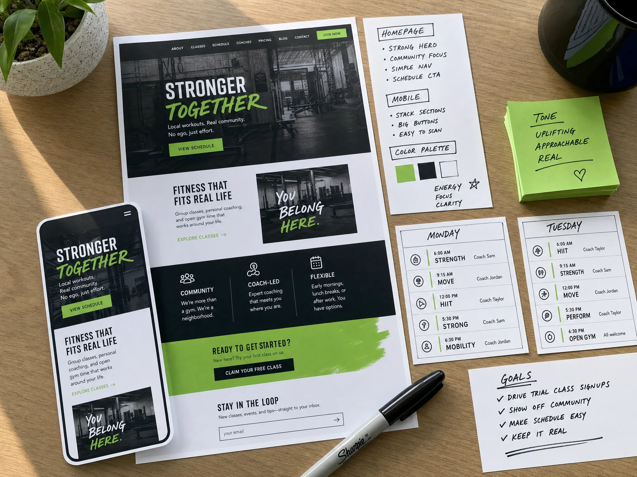 Printed fitness studio website proofs with schedule cards and electric-green annotations.