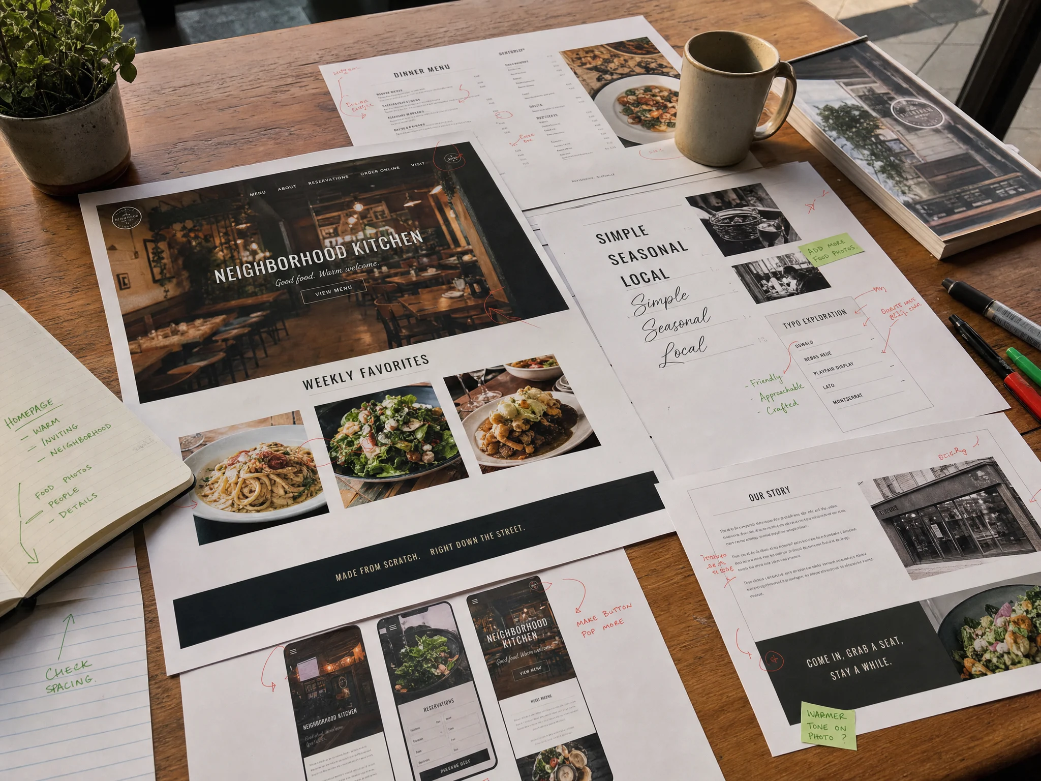 Printed restaurant website proofs with tomato-red edits and electric-green layout notes on a sunlit table.