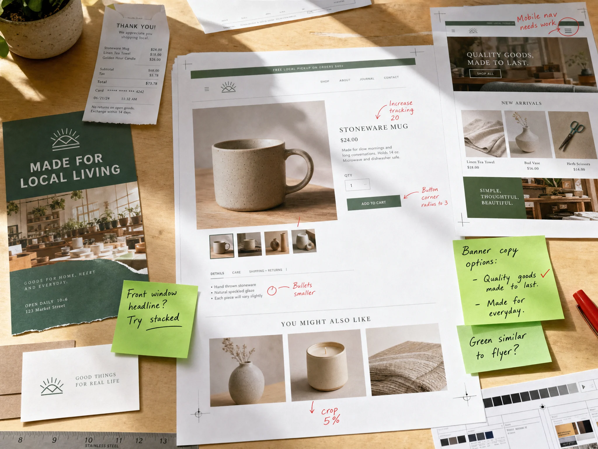 Printed retail website proofs with receipt paper, crop marks, and bright layout notes.